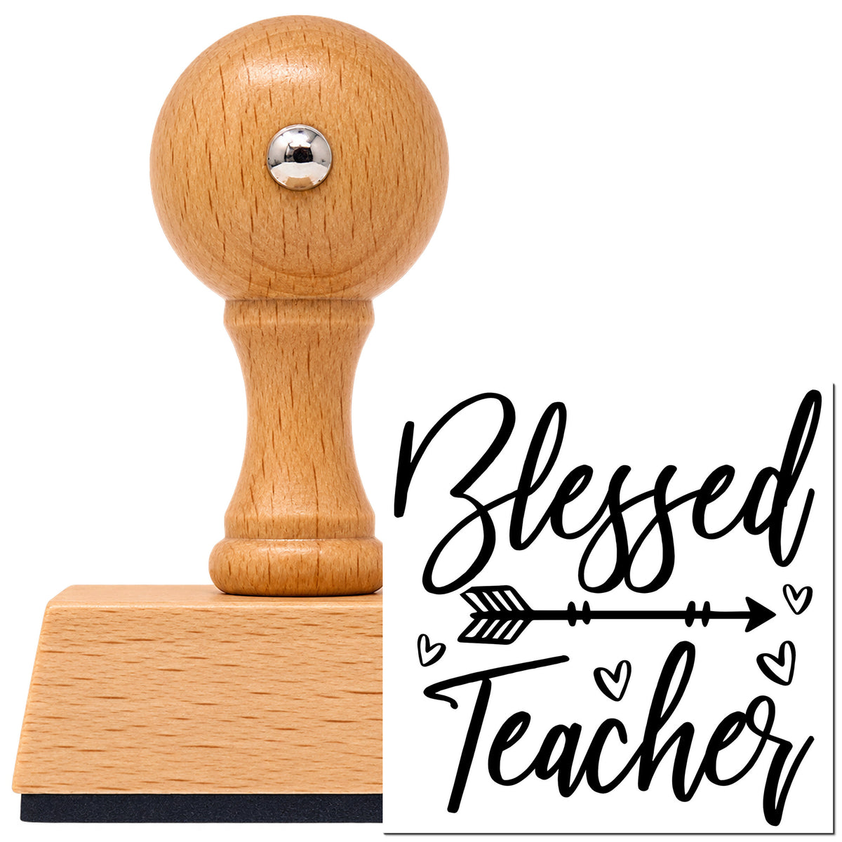 Blessed Teacher Feather Arrow With Hearts Vintage Pro rubber stamp in European beech wood with a round knob handle, shown beside its black imprint.