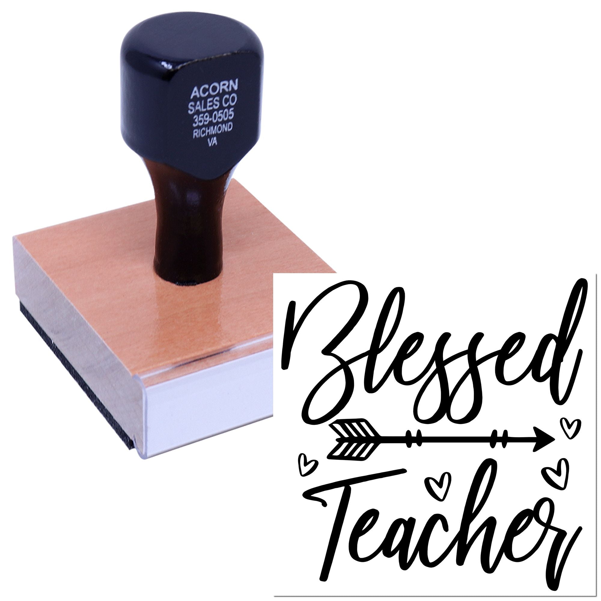 Custom Blessed Teacher rubber stamp with heart arrow design for teacher appreciation cards, gifts, and classroom crafts.