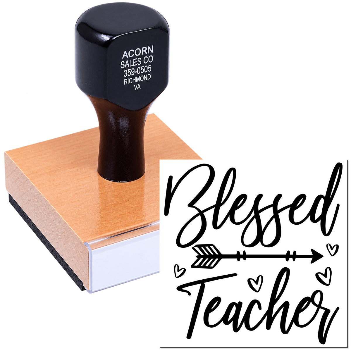 Custom Blessed Teacher rubber stamp with heart arrow design for teacher appreciation cards, gifts, and classroom crafts.