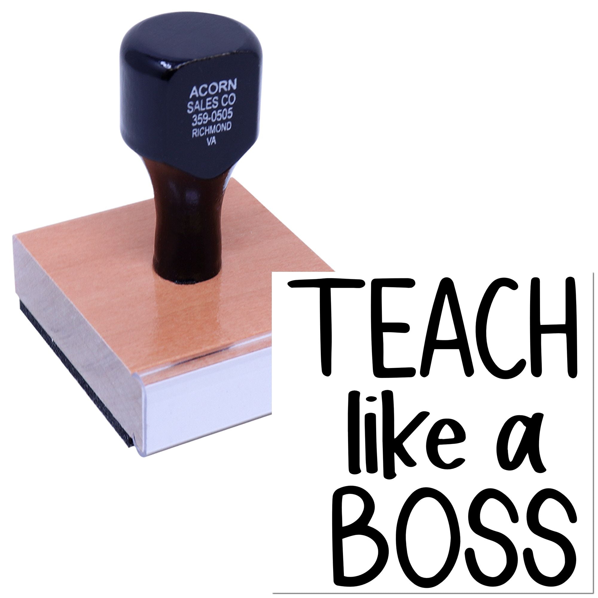 Custom teacher rubber stamp reading Teach Like a Boss for classroom motivation and personalized stamping.
