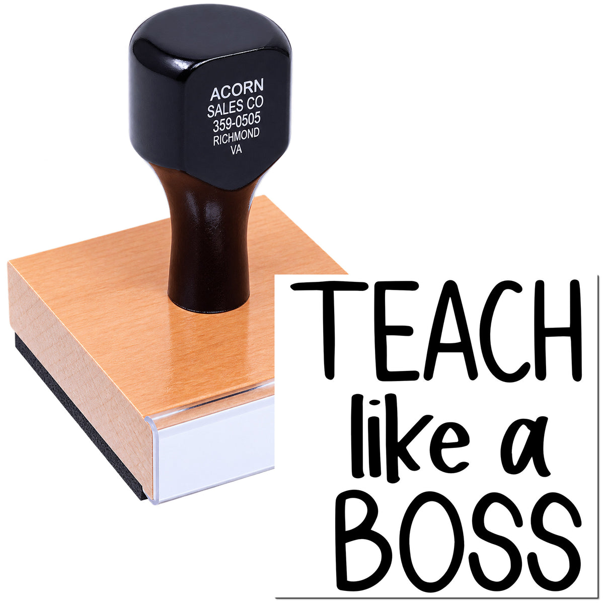 Custom teacher rubber stamp reading Teach Like a Boss for classroom motivation and personalized stamping.