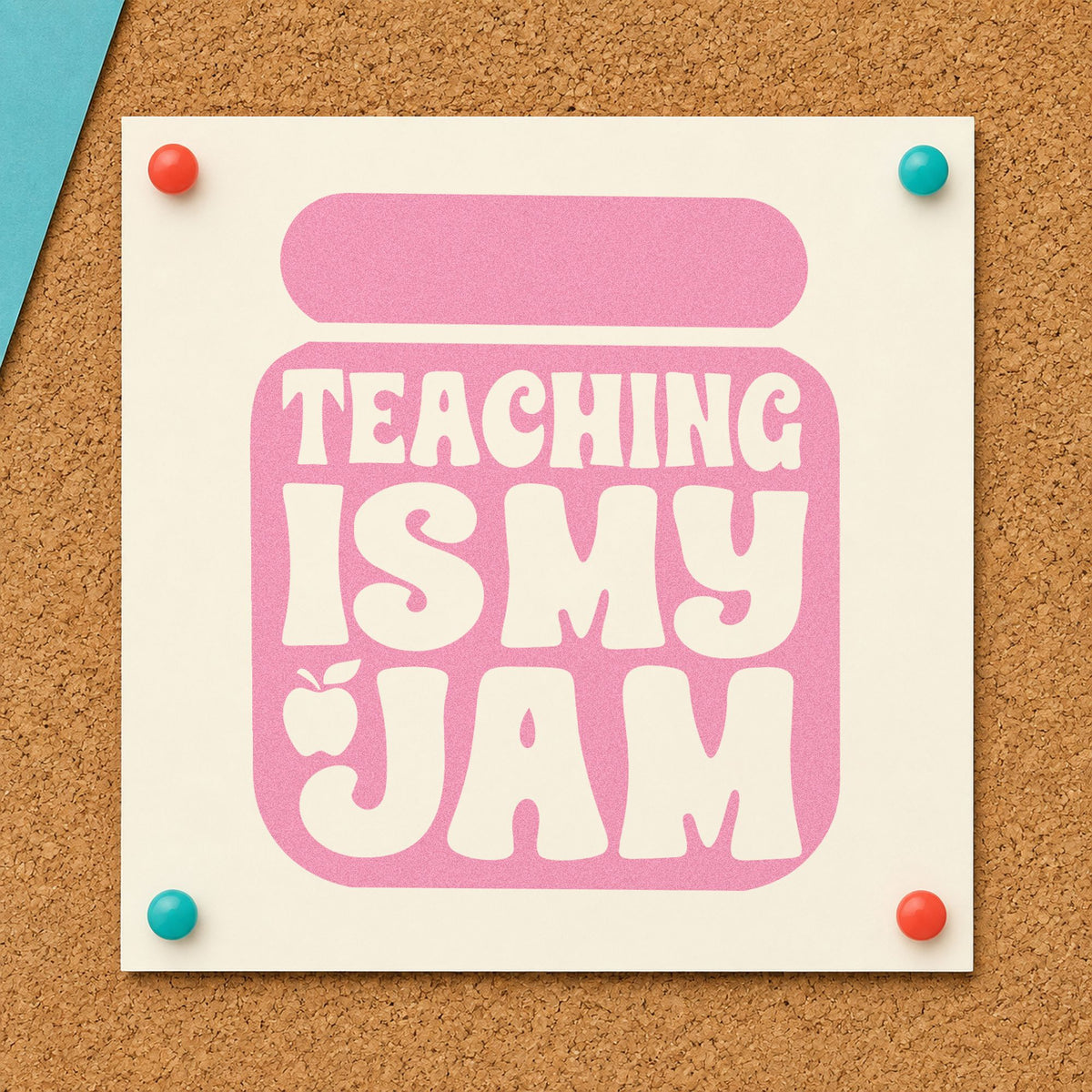 Teaching Is My Jam Solid Jar craft stamp in purple ink on cardstock, an easy option for dark stock tags.