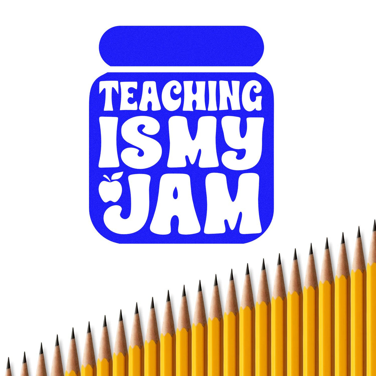 Teaching Is My Jam rubber stamp design with apple icon, perfect for teacher classroom crafts and school-themed projects.