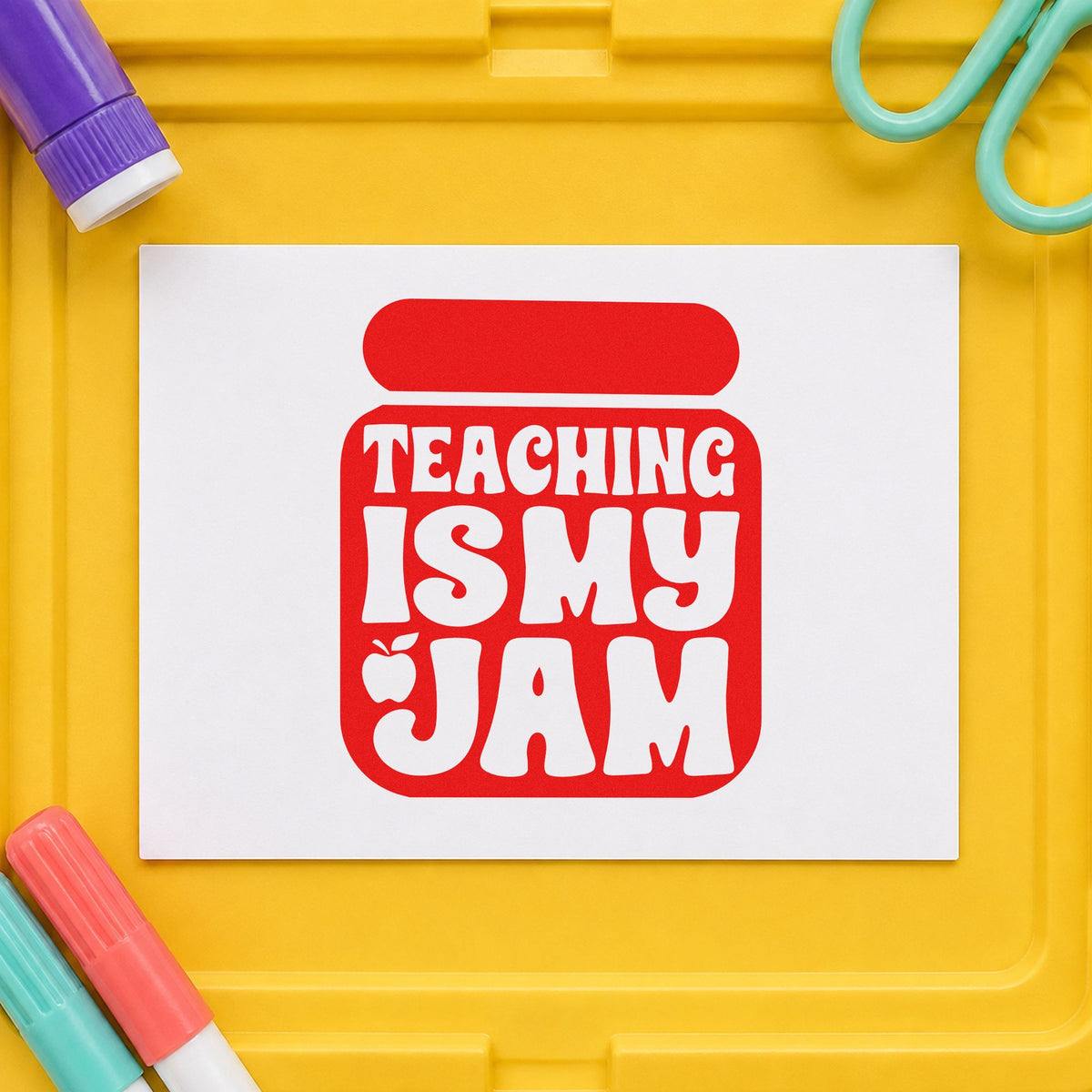 Teaching Is My Jam Solid Jar rubber stamp shown in red ink, stamped for projects such as supper club notes.