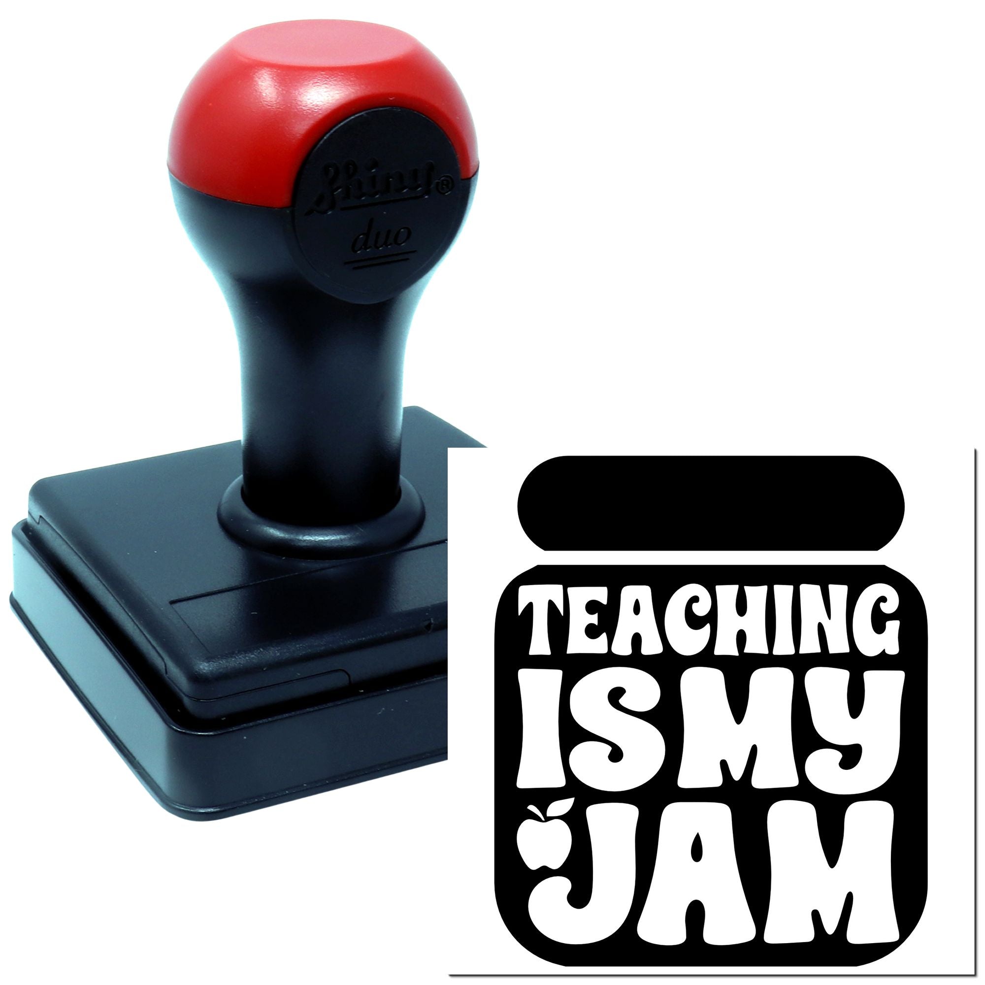 Self-inking rubber stamp with Teaching Is My Jam design, ideal for teachers, classroom use, and custom rubber stamping.