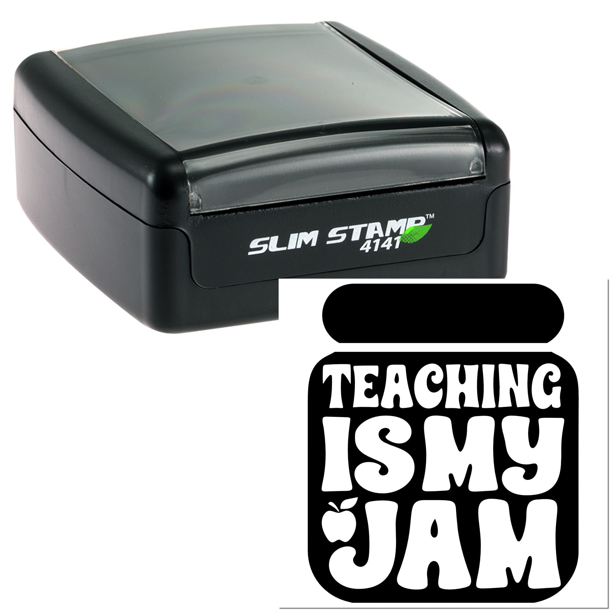 Custom self-inking rubber stamp for teachers with Teaching Is My Jam design for classroom paperwork and grading.