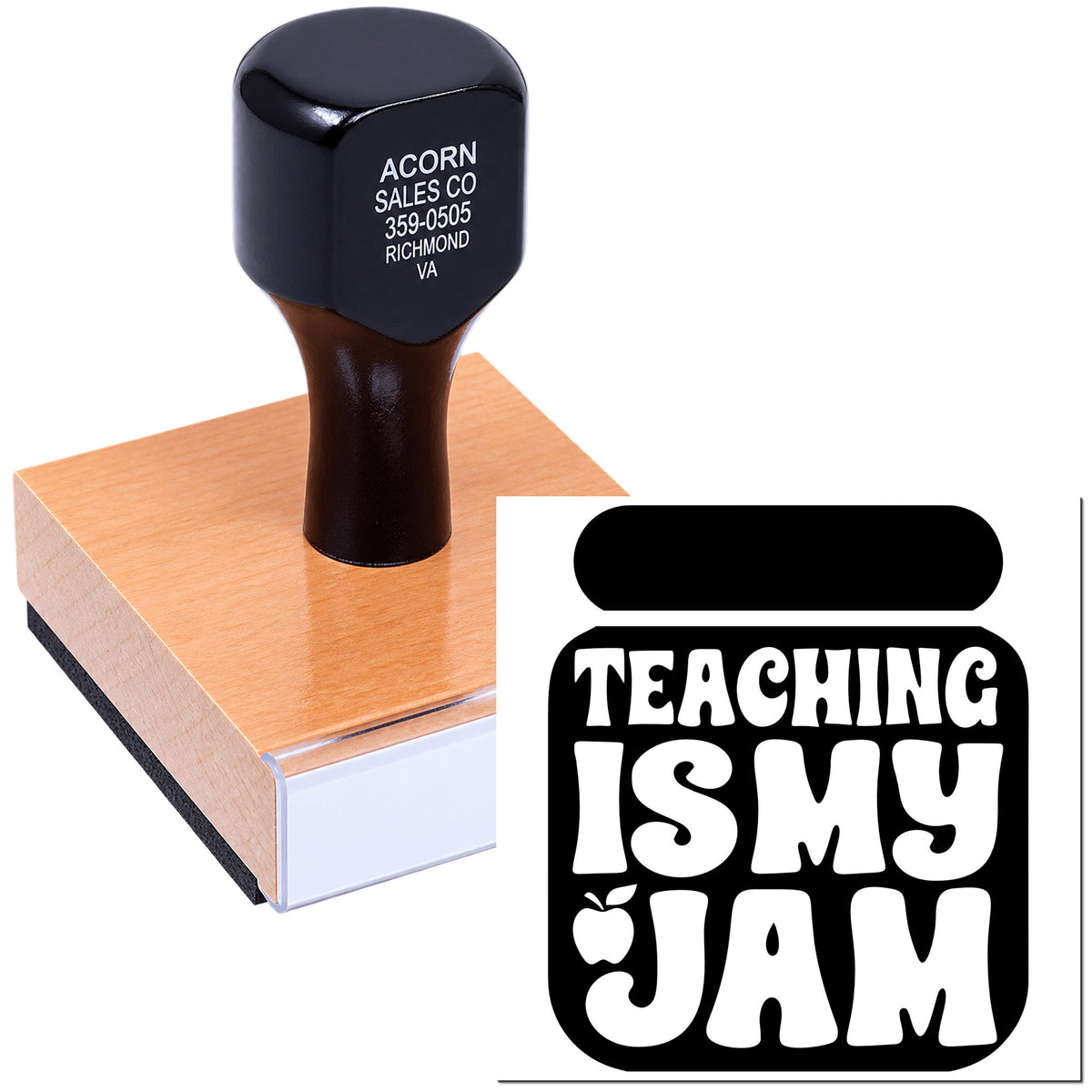 Custom teacher rubber stamp with Teaching Is My Jam design for classroom rewards, school supplies, and teacher gifts.