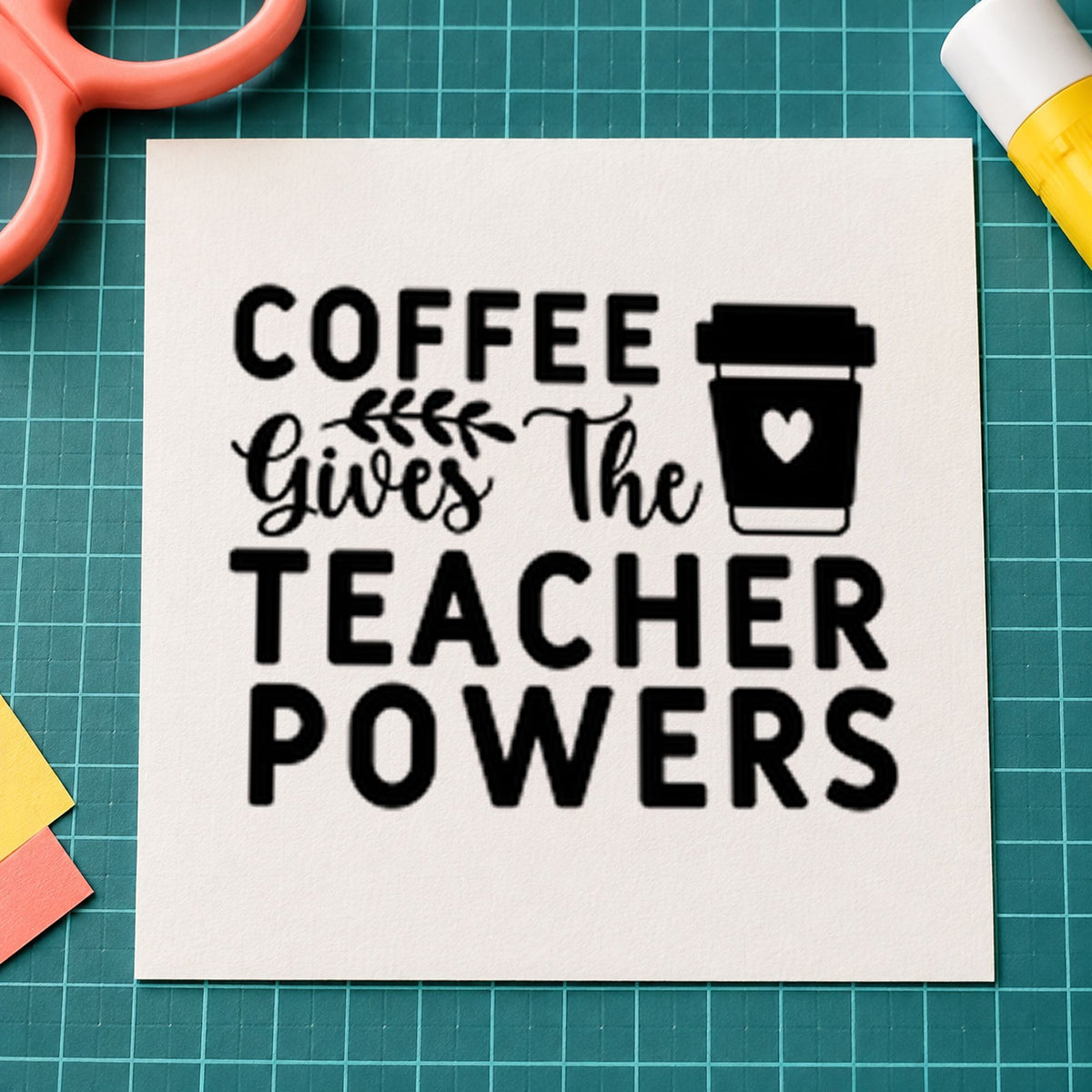 Coffee Gives Teacher Powers Block rubber stamp printed in black ink, ready for cup heart cards and similar paper crafts.