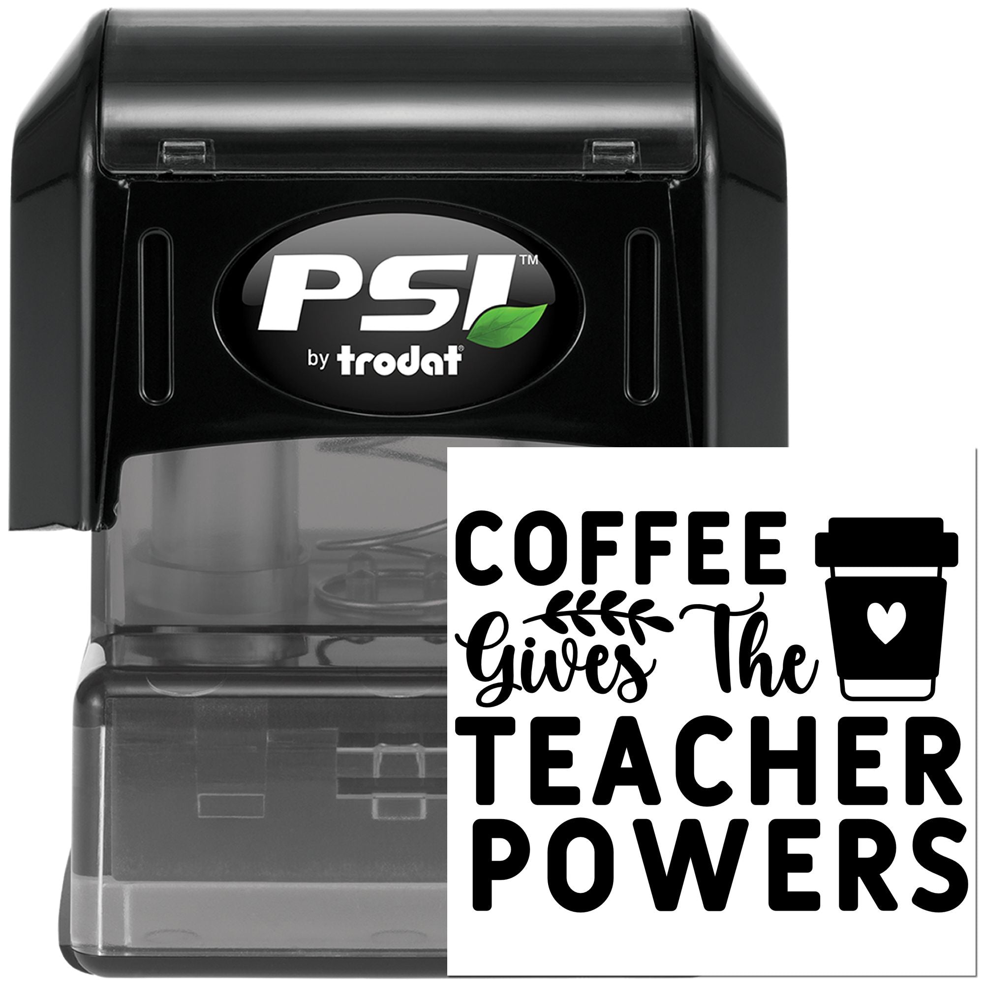Self-inking rubber stamp for teachers with coffee quote design: Coffee Gives the Teacher Powers and cup icon.