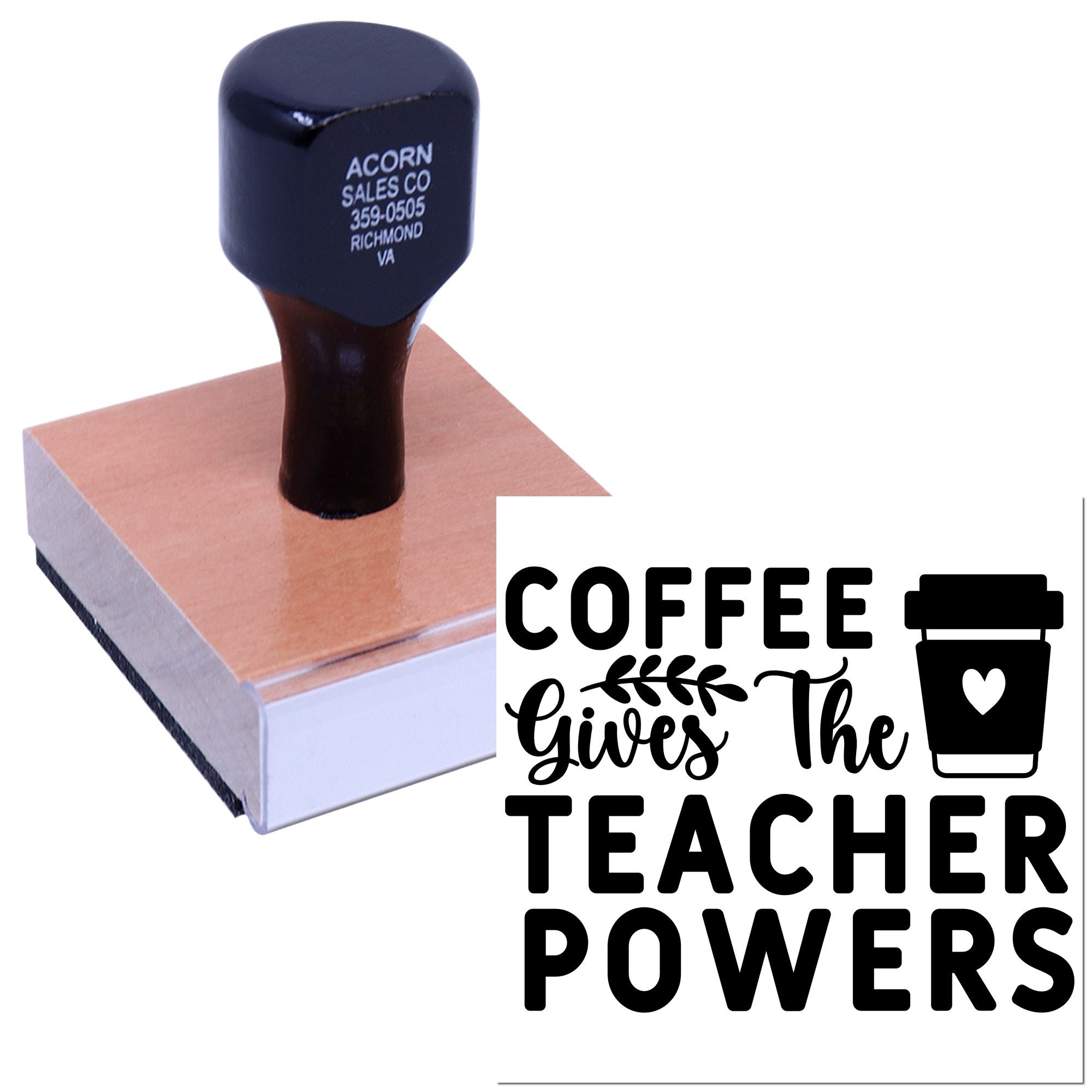 Custom rubber stamp with Coffee Gives the Teacher Powers design for teacher appreciation gifts and coffee-themed crafts.