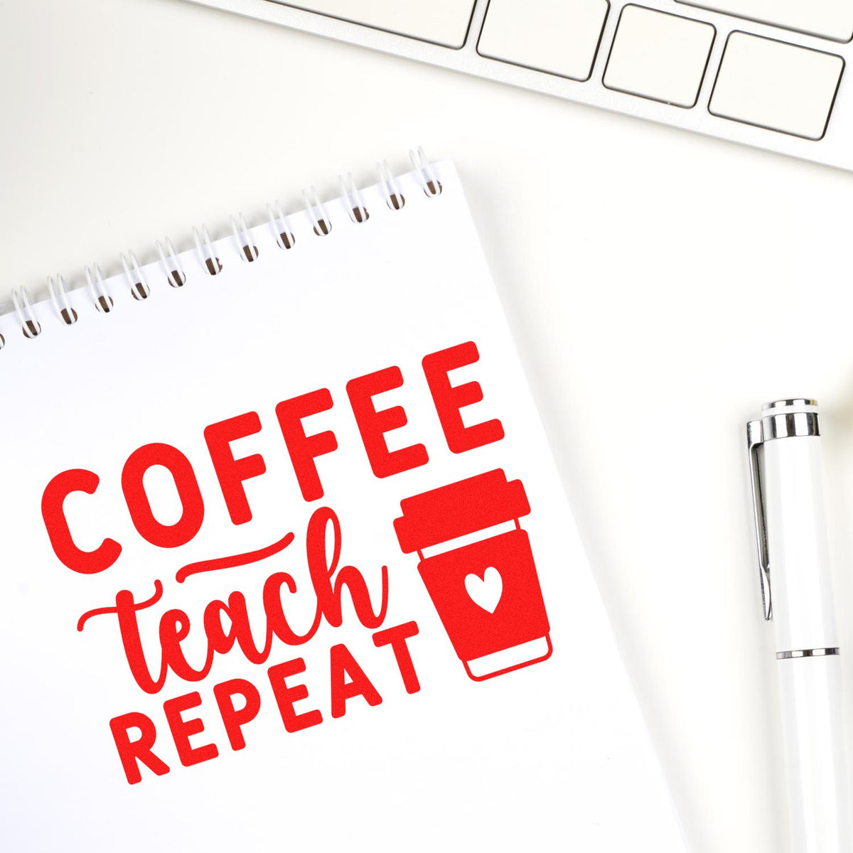 Coffee Teach Repeat rubber stamp design on notebook with coffee cup icon for teachers and coffee lovers.