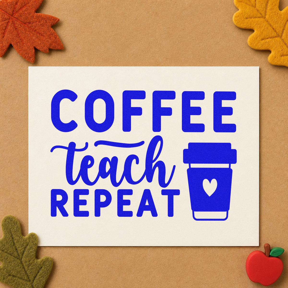 Coffee Teach Repeat Cup craft stamp in blue ink on cardstock, an easy option for dressing gown panels.