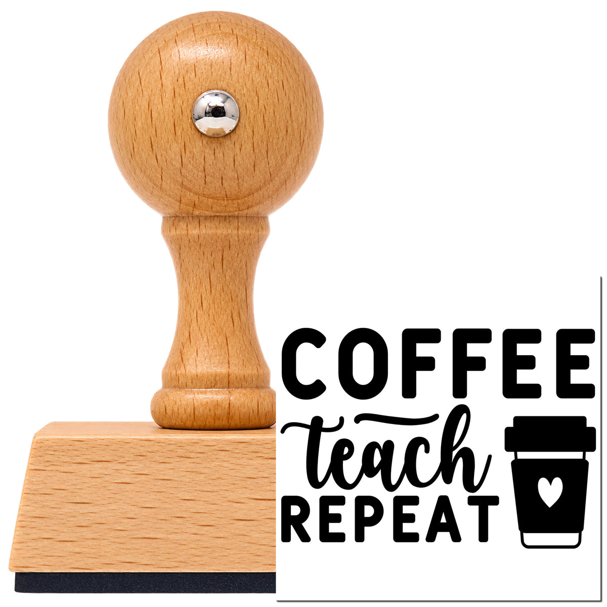 Coffee Teach Repeat Cup Vintage Pro rubber stamp in European beech wood with a round knob handle, shown beside its black imprint.