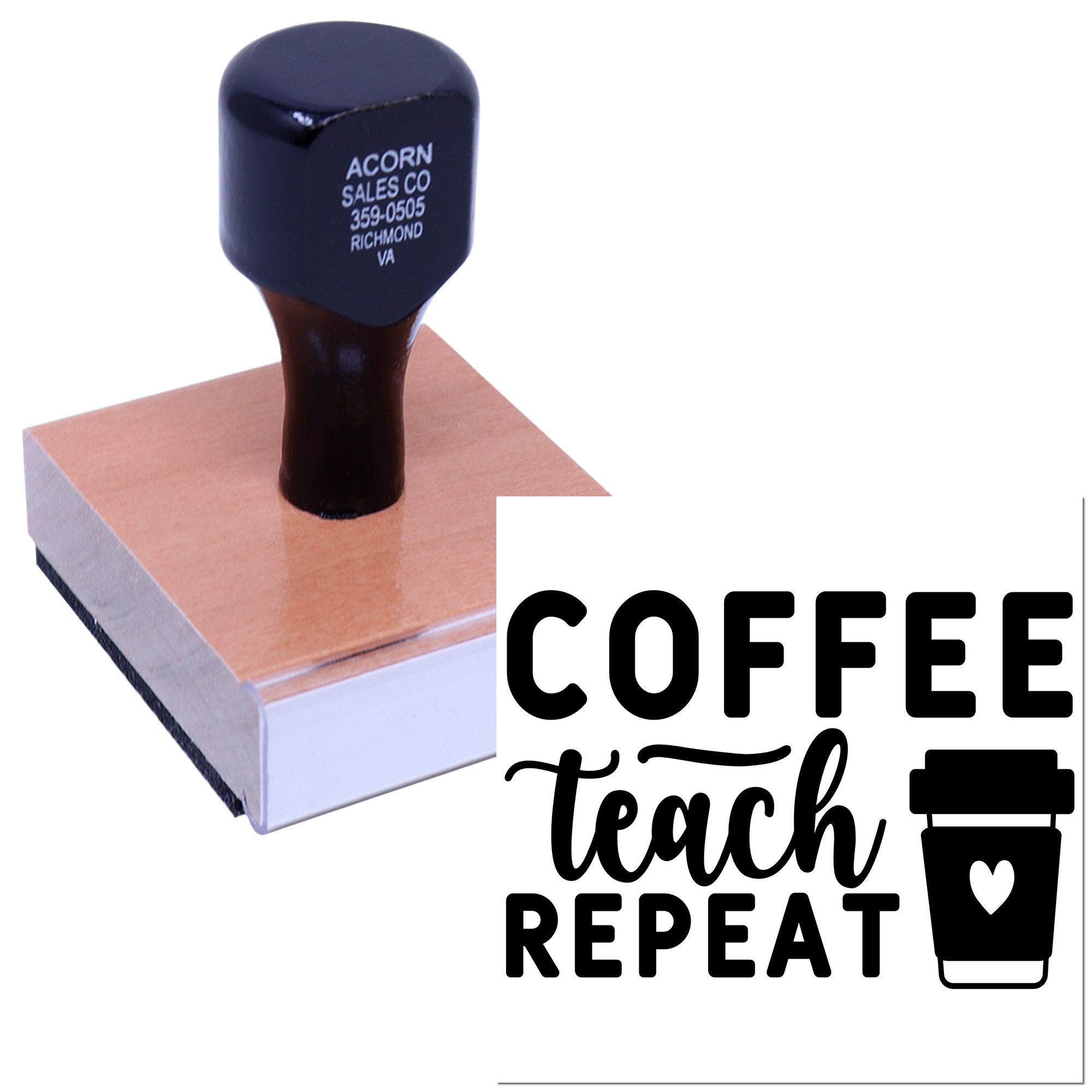 Custom coffee teacher repeat rubber stamp with cup icon, shown with stamped imprint for classroom gifts, crafts, and stationery.
