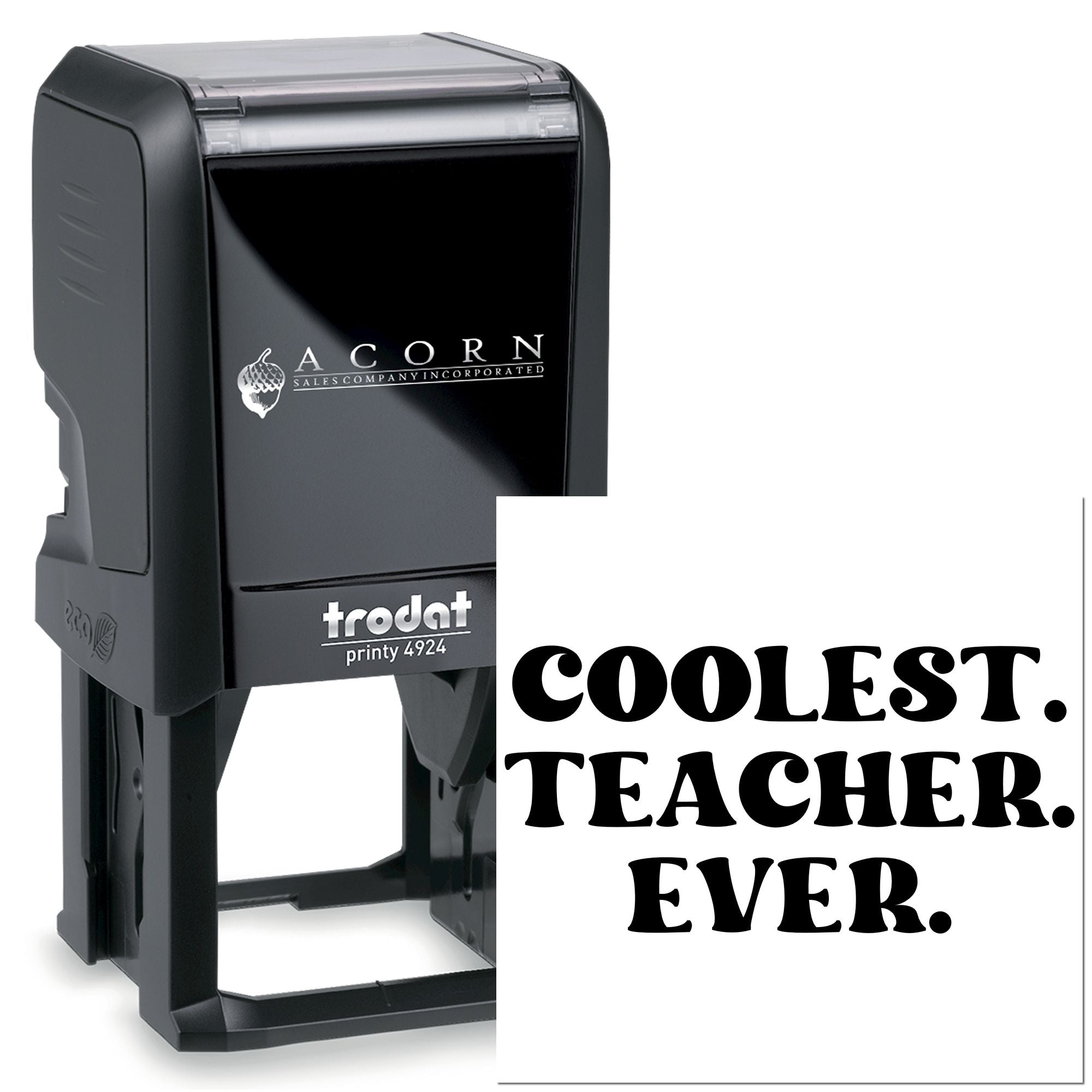 Custom self-inking rubber stamp with COOLEST. TEACHER. EVER. design for personalized teacher gifts and classroom use.