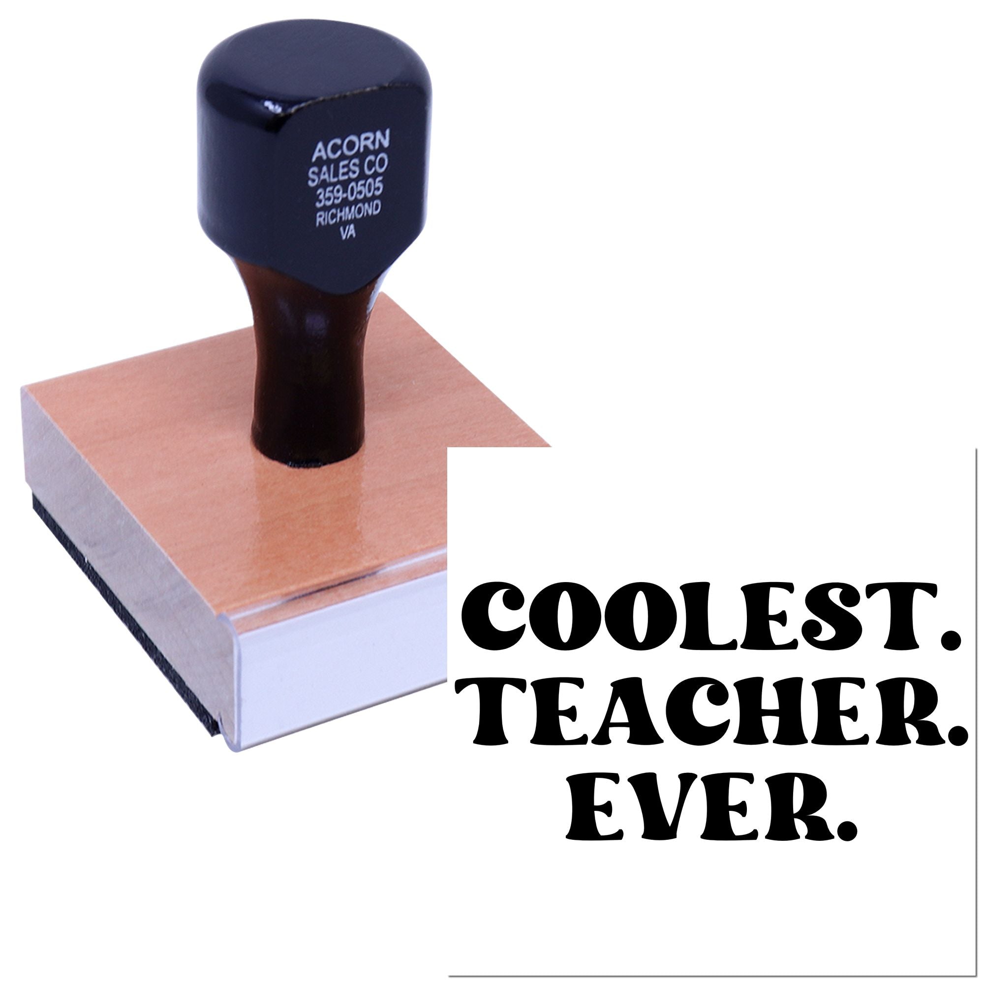 Personalized teacher rubber stamp reading Coolest Teacher Ever for classroom projects, grading, and gift packaging.