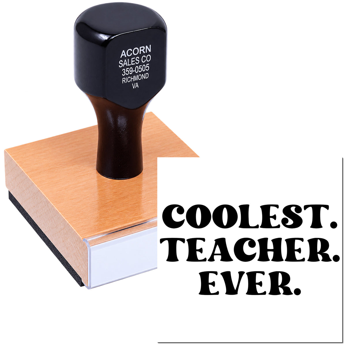 Personalized teacher rubber stamp reading Coolest Teacher Ever for classroom projects, grading, and gift packaging.