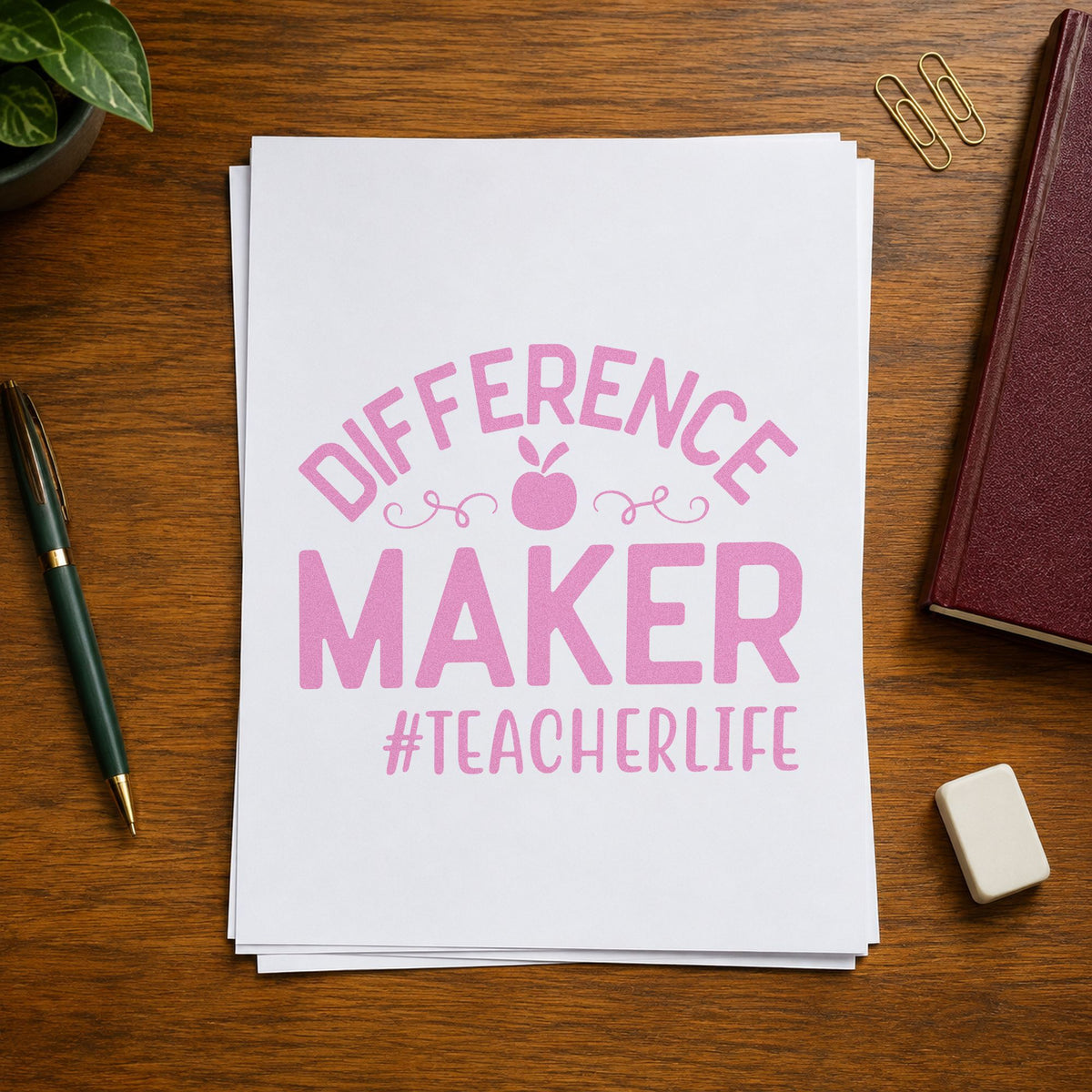 Difference Maker Teacher Life craft stamp in purple ink on cardstock, an easy option for shoutout wall tags.