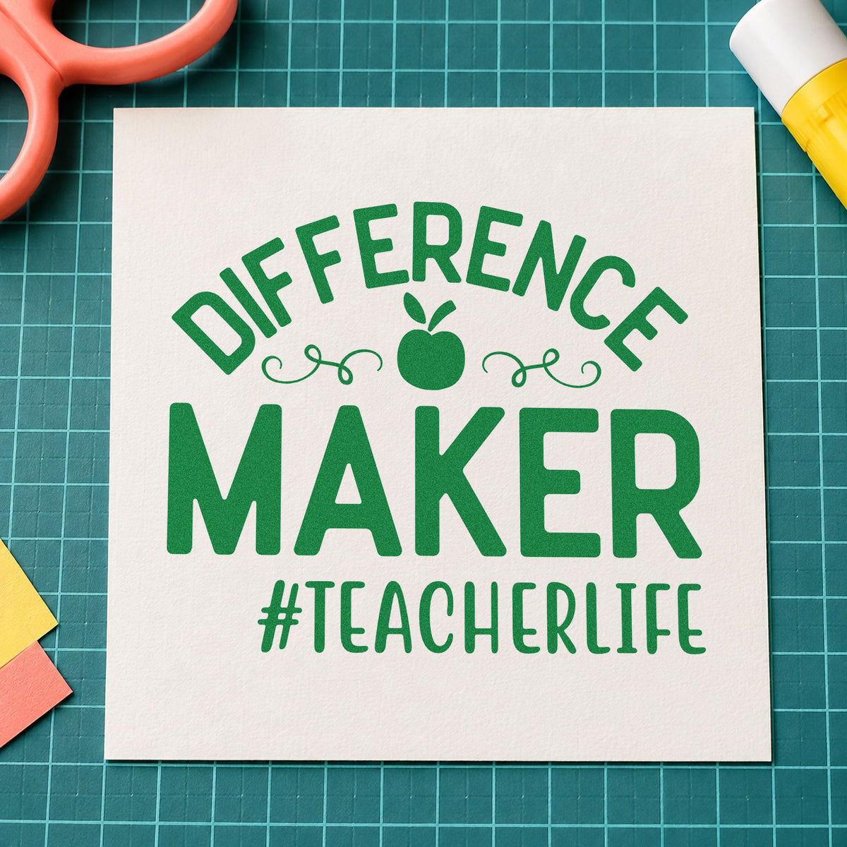 Difference Maker Teacher Life craft stamp imprint in green ink on a handmade project, one idea being kudos pad pages.
