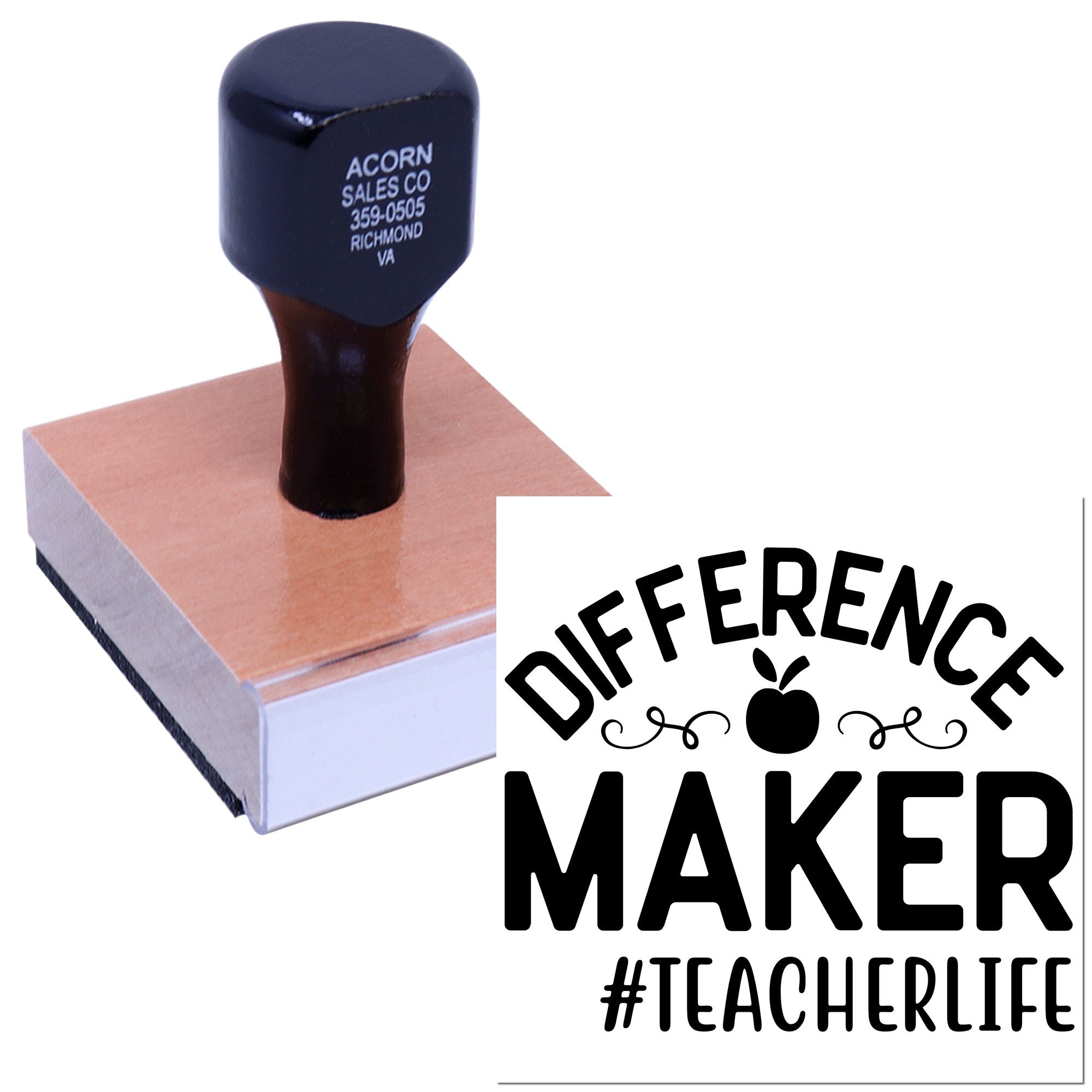 Teacher rubber stamp with Difference Maker #TeacherLife design, shown on an ink pad for classroom and appreciation use.