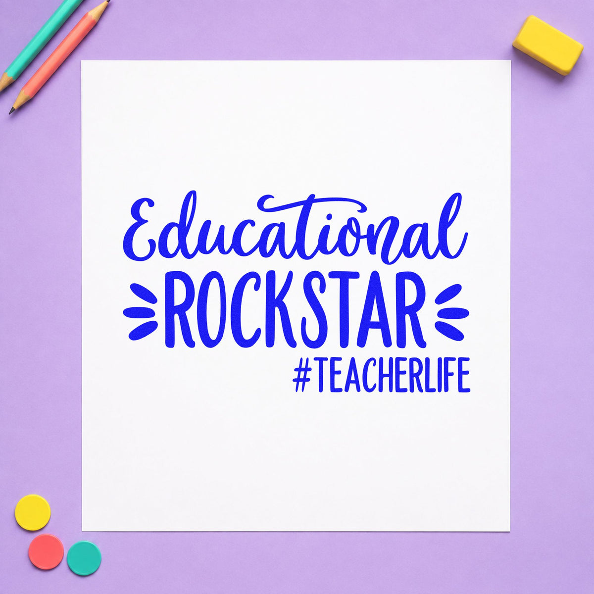 Educational Rockstar Teacher Life craft stamp in blue ink on cardstock, an easy option for guitar strap panels.