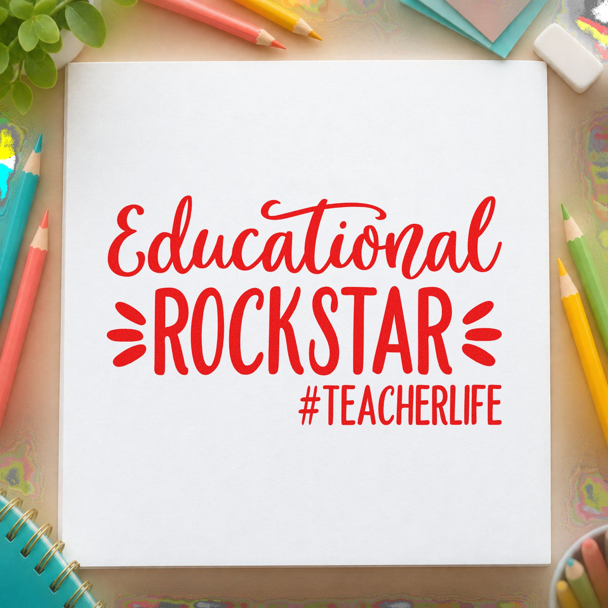 Educational Rockstar Teacher Life rubber stamp shown in red ink, stamped for projects such as concert night notes.