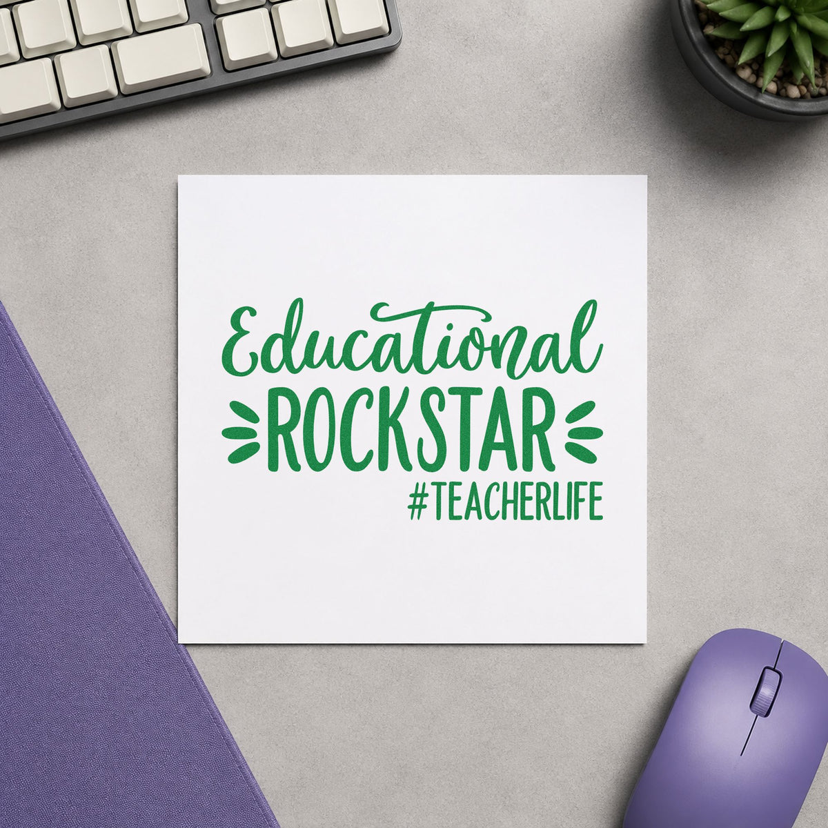 Educational Rockstar Teacher Life craft stamp imprint in green ink on a handmade project, one idea being framed practice room.