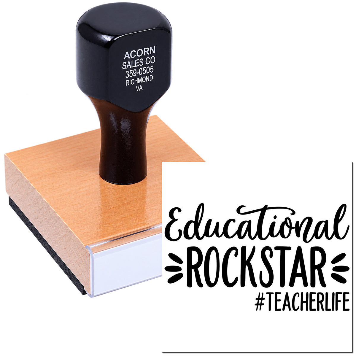 Custom educational rubber stamp with Rock Star #TeacherLife design for teacher appreciation, classroom rewards, and labeling.