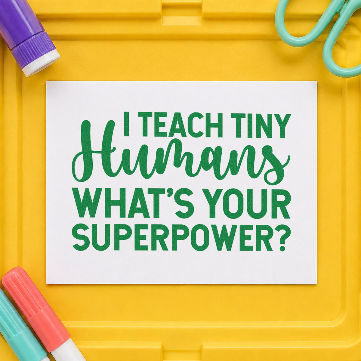 I Teach Tiny Humans craft stamp imprint in green ink on a handmade project, one idea being framed circle rug.