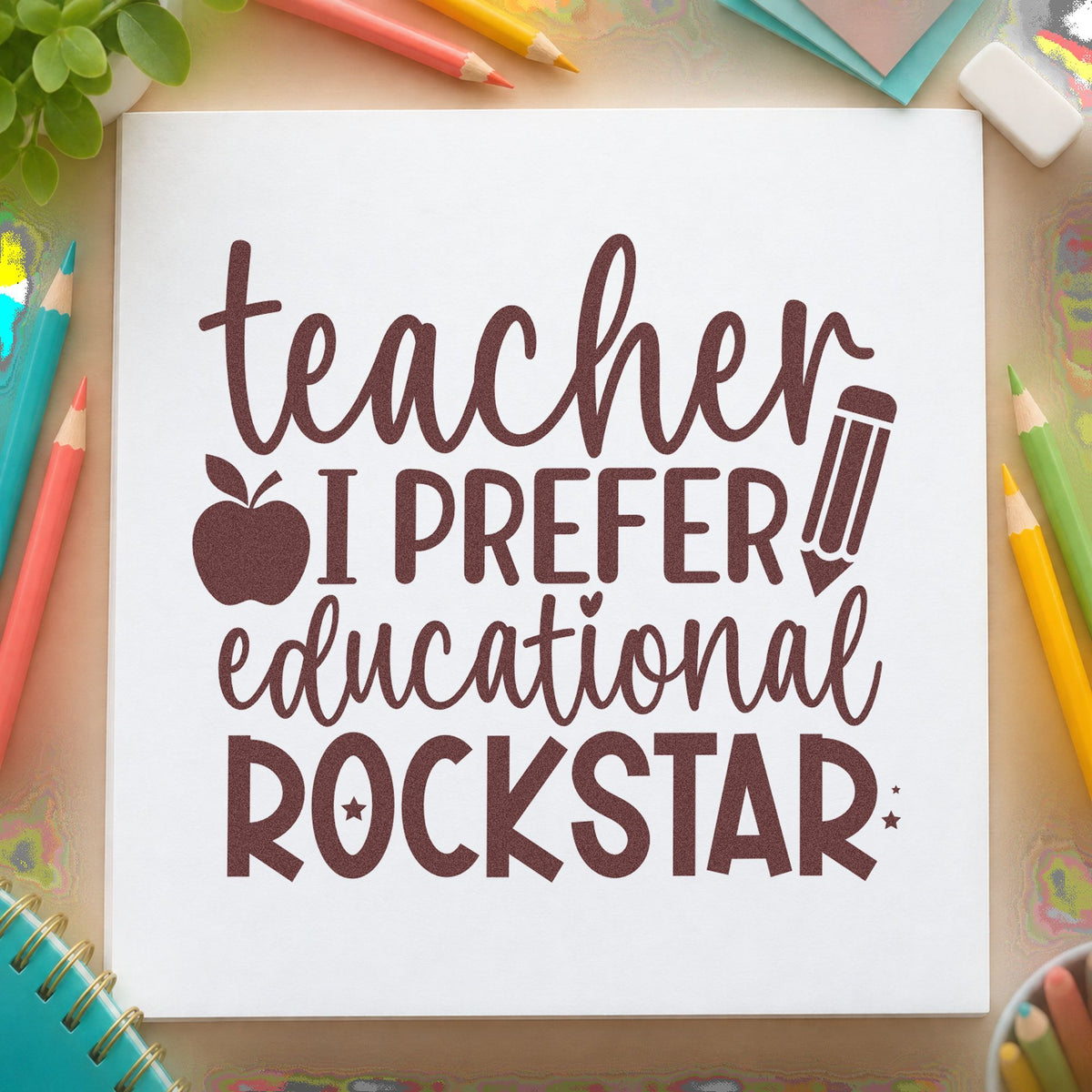 Teacher Educational Rockstar Quote rubber stamp printed in brown ink, ready for mug shelf labels and similar paper crafts.