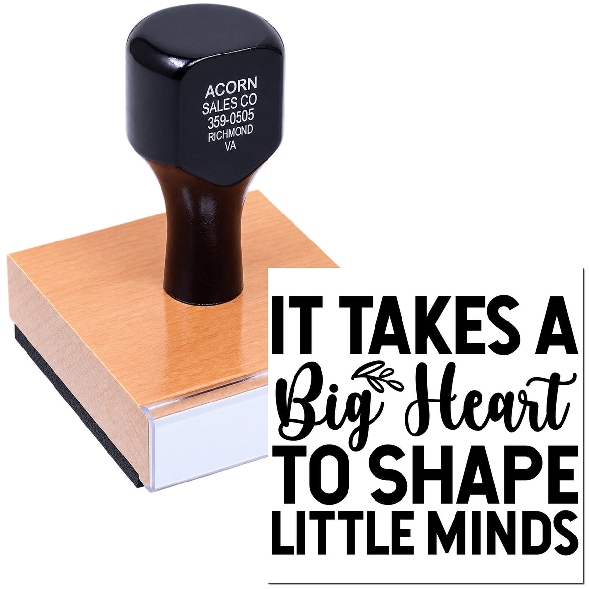 Custom rubber stamp with It Takes a Big Heart to Shape Little Minds for teacher appreciation crafts and classroom gifts.