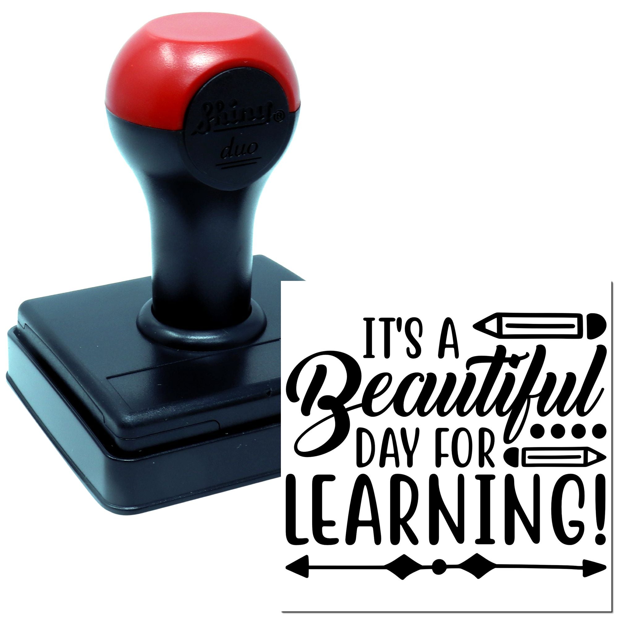 Self-inking rubber stamp with "It's a Beautiful Day for Learning!" design for teachers, classrooms, and school projects.
