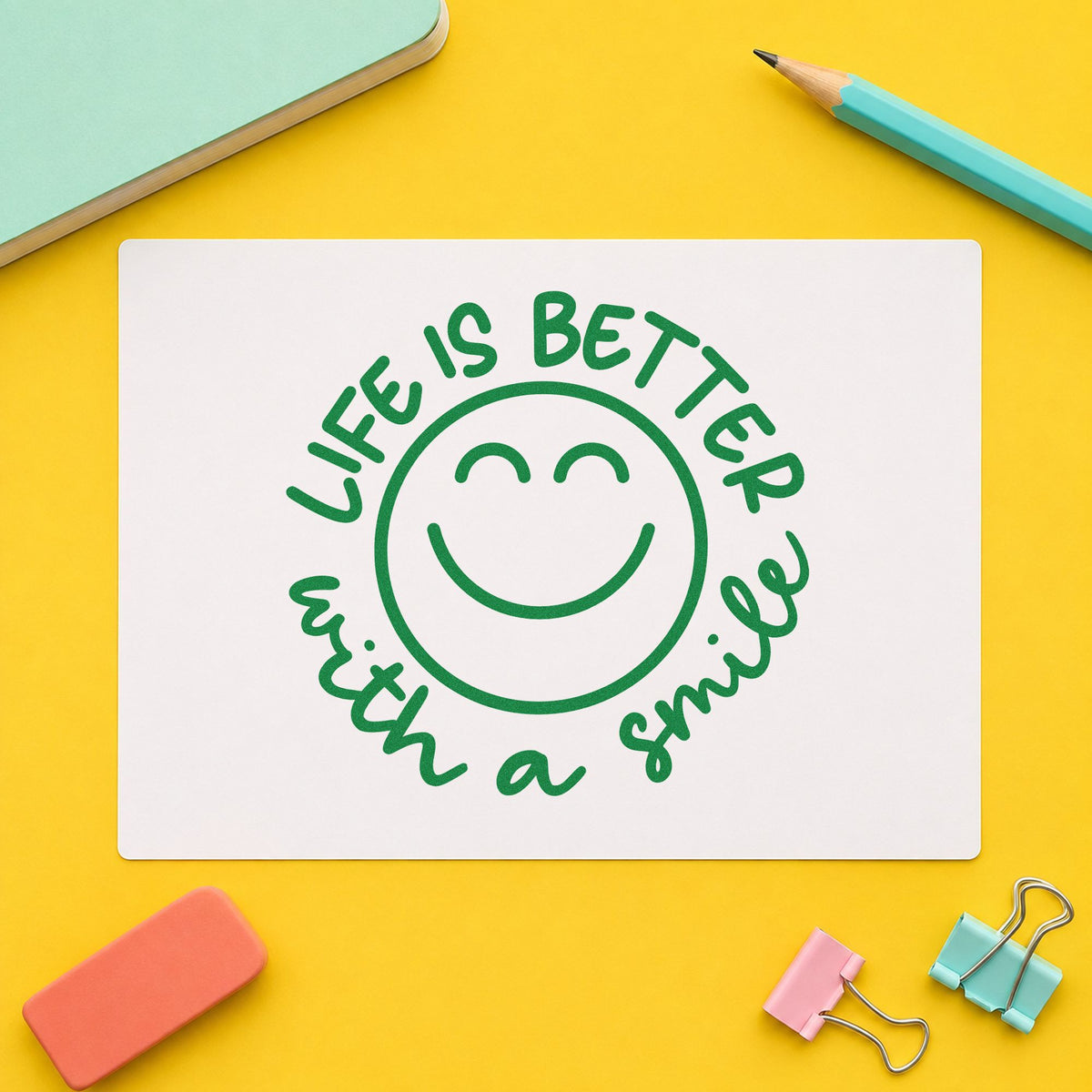 Life Better With Smile craft stamp imprint in green ink on a handmade project, one idea being mood chart pages.