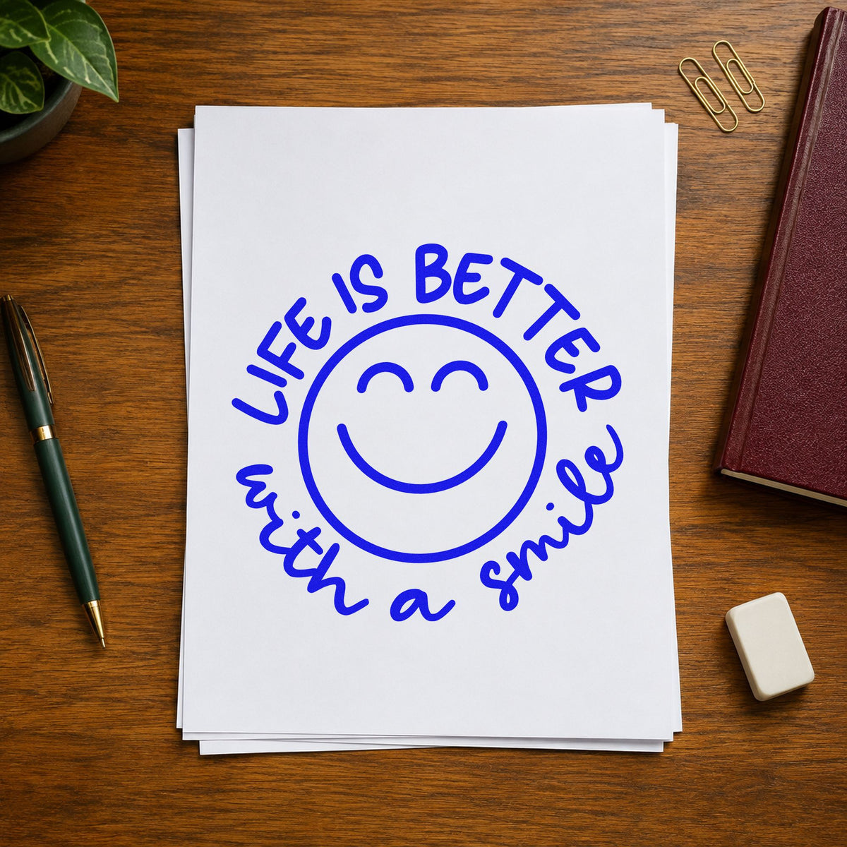 Life Better With Smile craft stamp imprinted in blue ink on paper, a design suited to photo booth seals.