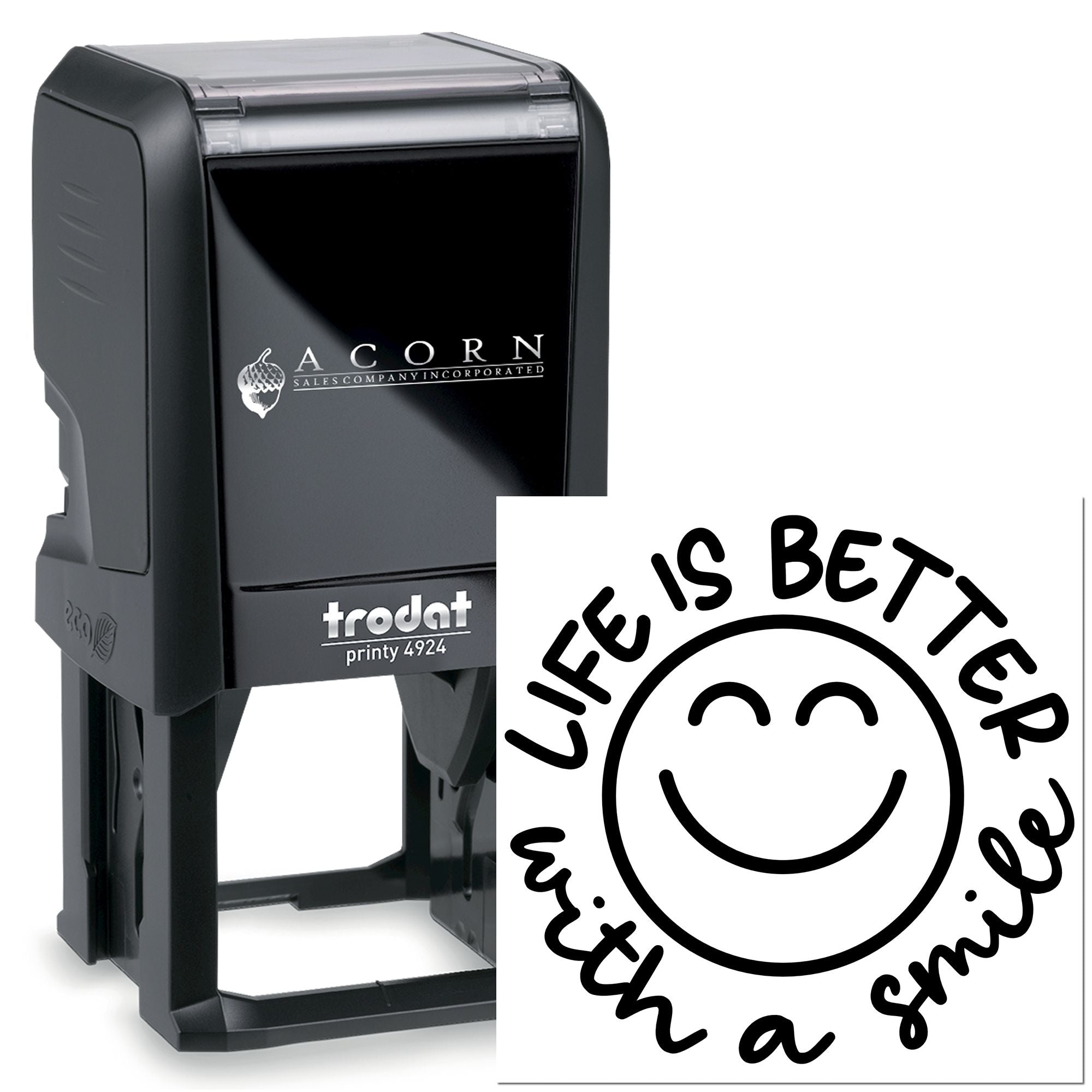 Trodat Printy 4924 self-inking rubber stamp with custom logo and Life is Better with a Smile design