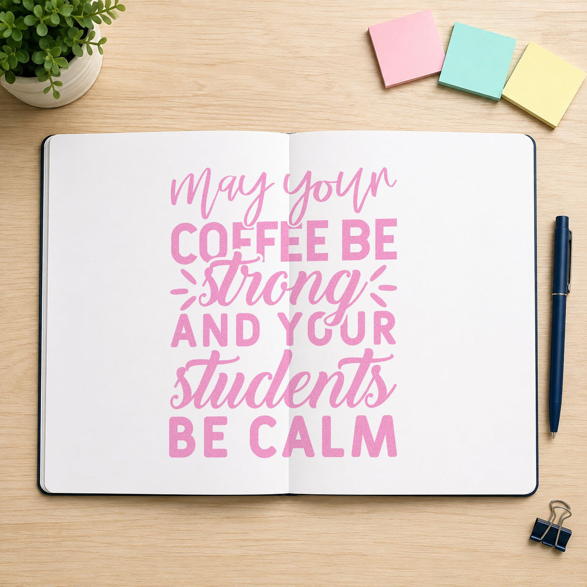 Strong Coffee Calm Students craft stamp in purple ink on cardstock, an easy option for morning gift tags.