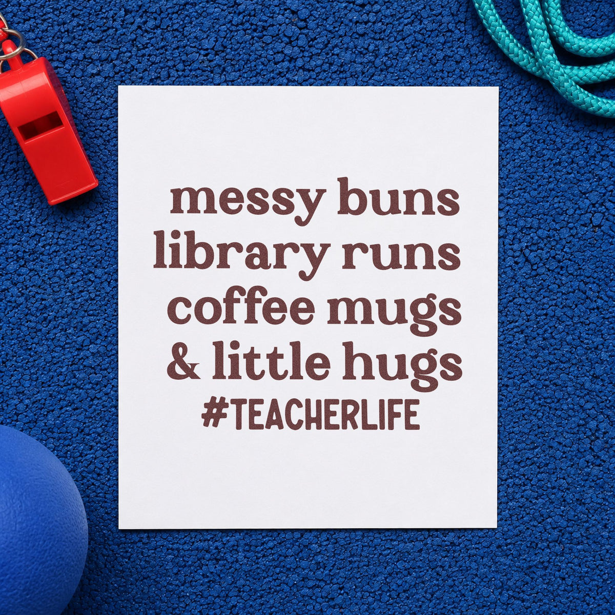 Messy Buns Library Runs rubber stamp printed in brown ink, ready for hair tie labels and similar paper crafts.