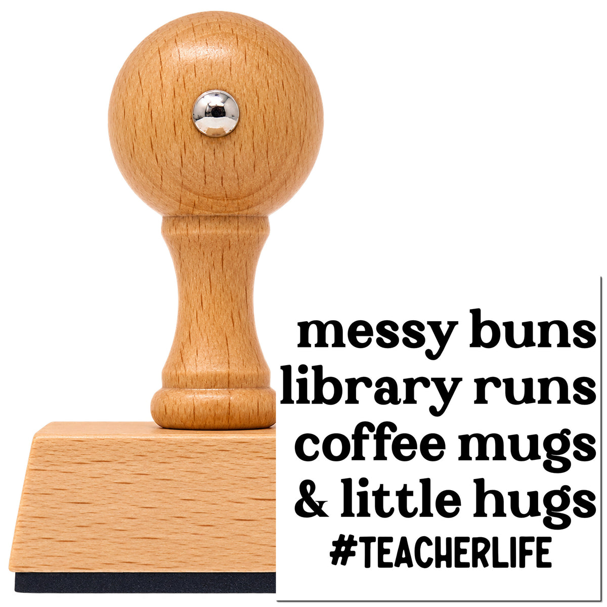 Messy Buns Library Runs Vintage Pro rubber stamp in European beech wood with a round knob handle, shown beside its black imprint.