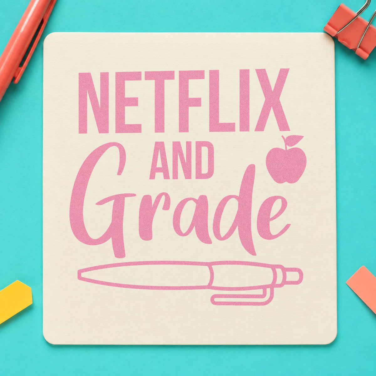 Netflix And Grade Pen craft stamp in purple ink on cardstock, an easy option for movie night tags.