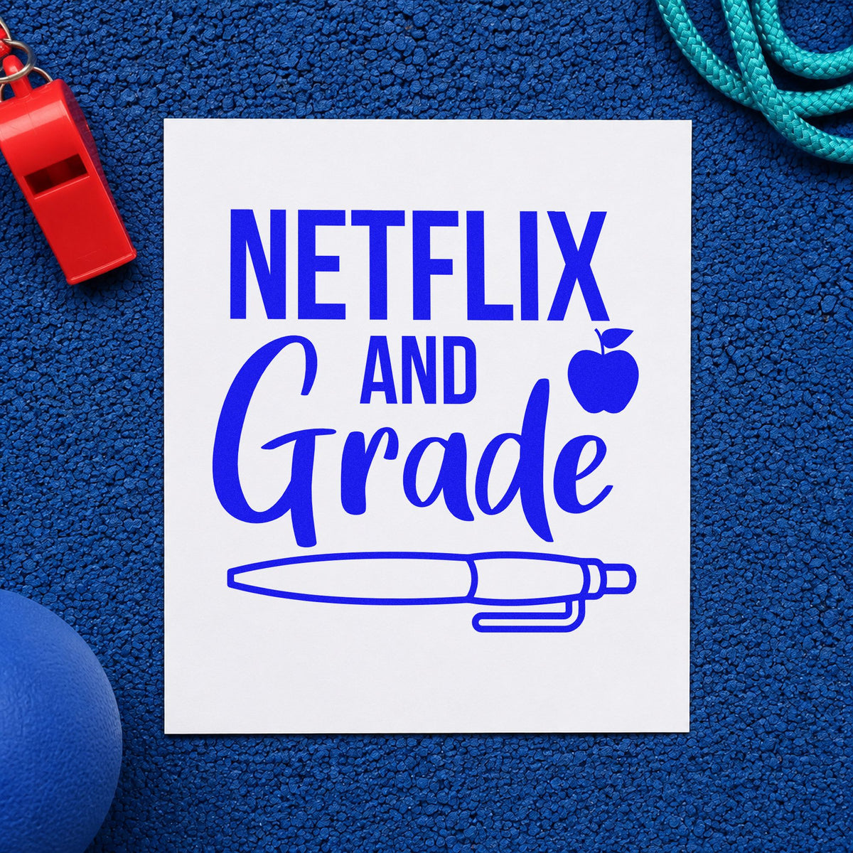 Netflix And Grade Pen craft stamp imprinted in blue ink on paper, a design suited to remote pouch seals.