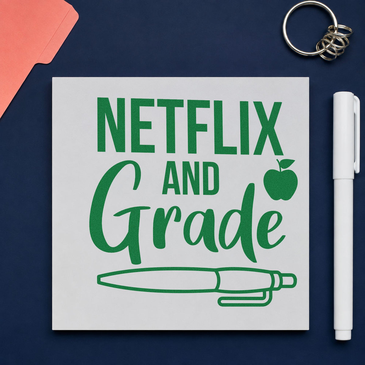 Netflix And Grade Pen craft stamp imprint in green ink on a handmade project, one idea being framed sofa wall.