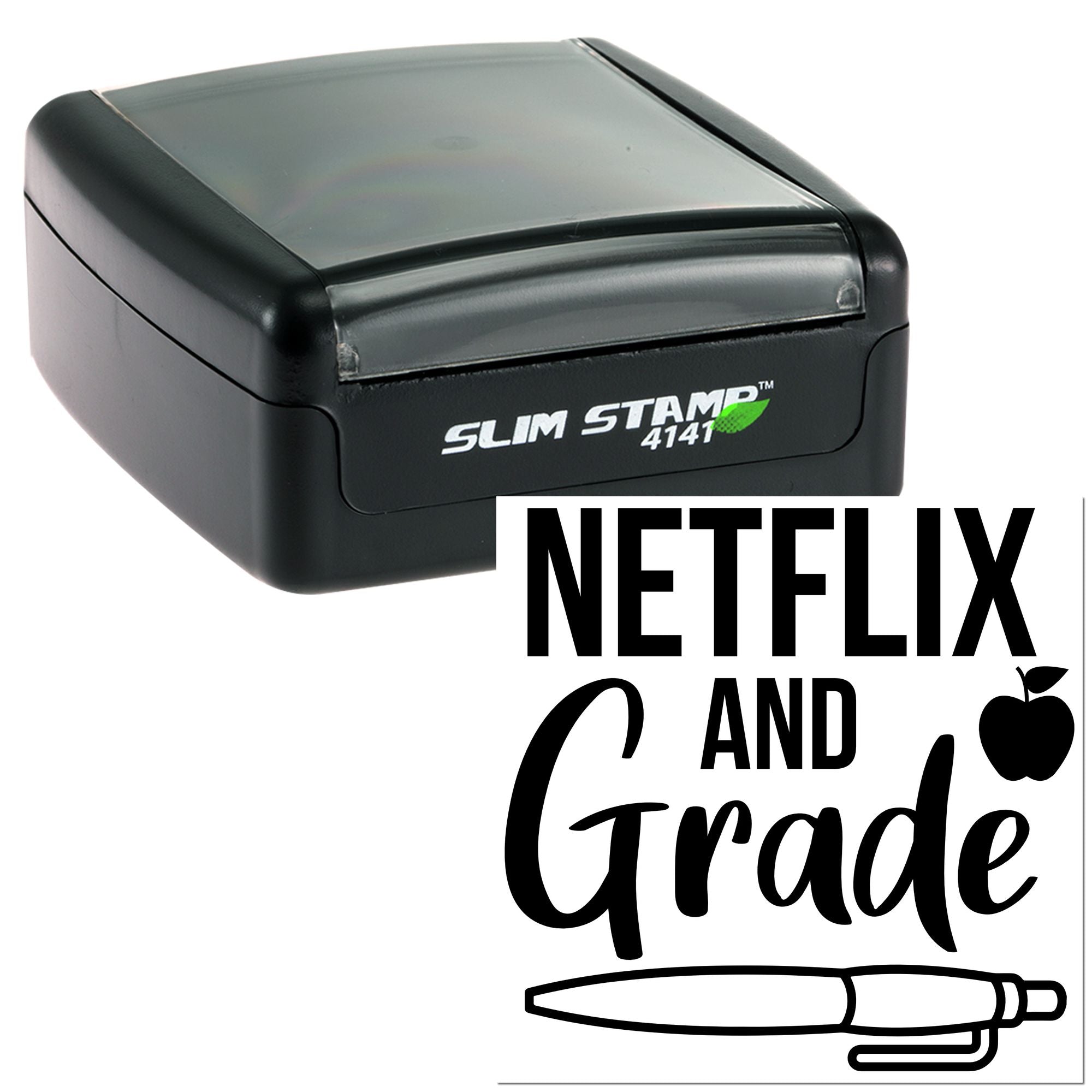 Self-inking Slim Stamp 4141 rubber stamp with Netflix and Grade custom teacher design for classroom grading.