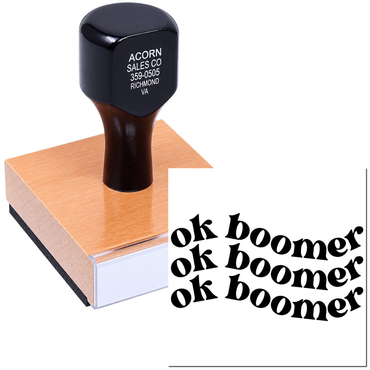 Custom rubber stamp with personalized business text and bold ok boomer imprint for office and novelty stamping.