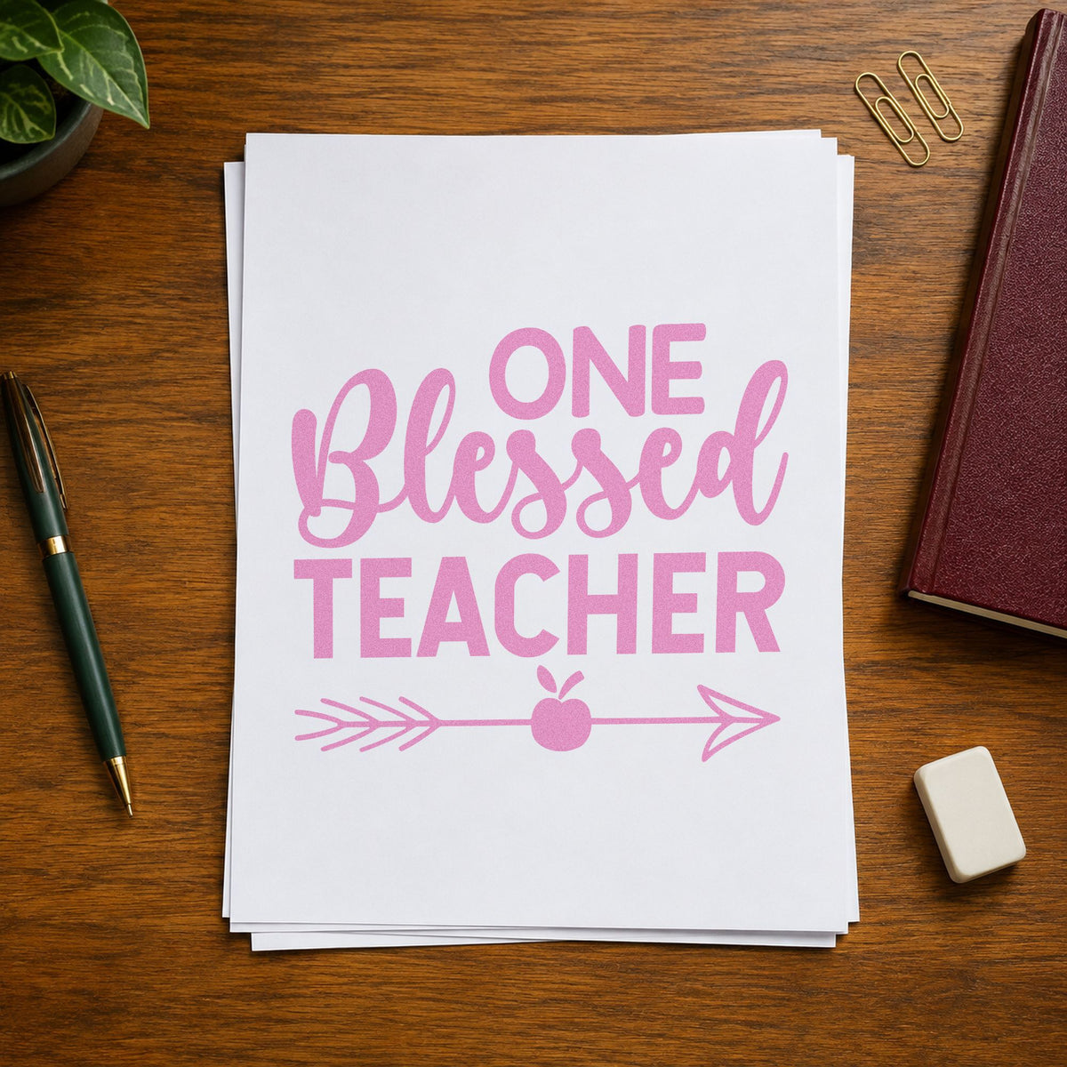One Blessed Teacher Apple craft stamp in purple ink on cardstock, an easy option for chapel day tags.