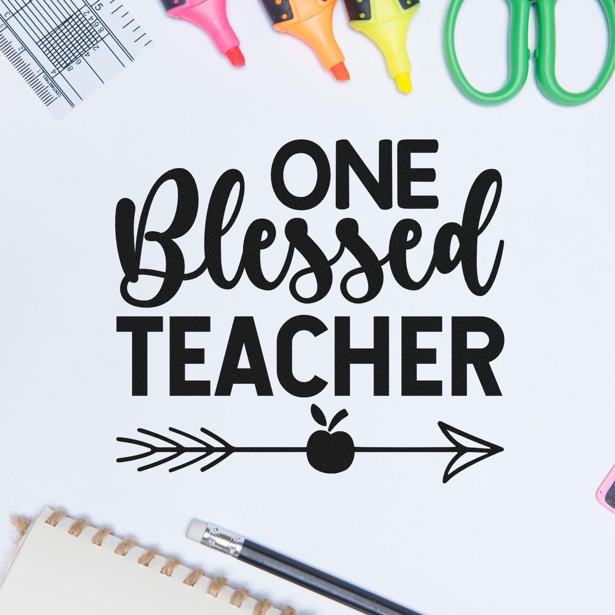 Blessed Teacher rubber stamp design with apple arrow, perfect for classroom crafts, teacher gifts, and school supplies.