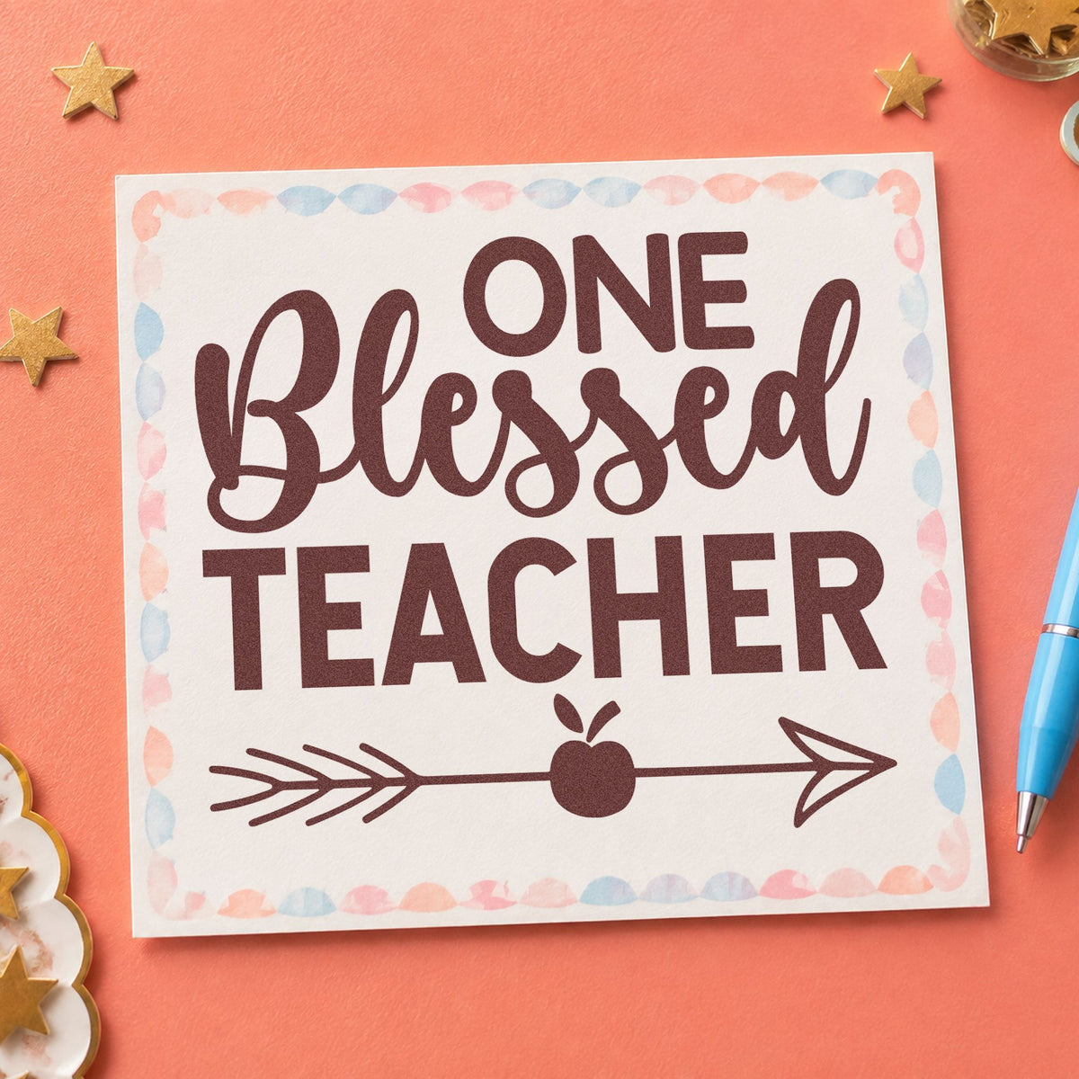 One Blessed Teacher Apple rubber stamp printed in brown ink, ready for candle tin labels and similar paper crafts.