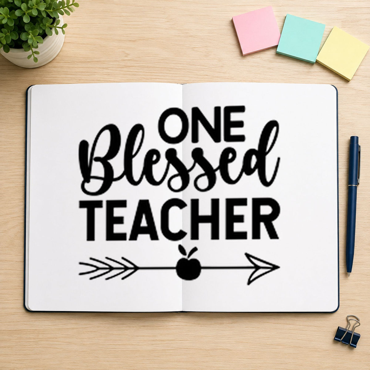 One Blessed Teacher Apple rubber stamp printed in black ink, ready for one blessed cards and similar paper crafts.