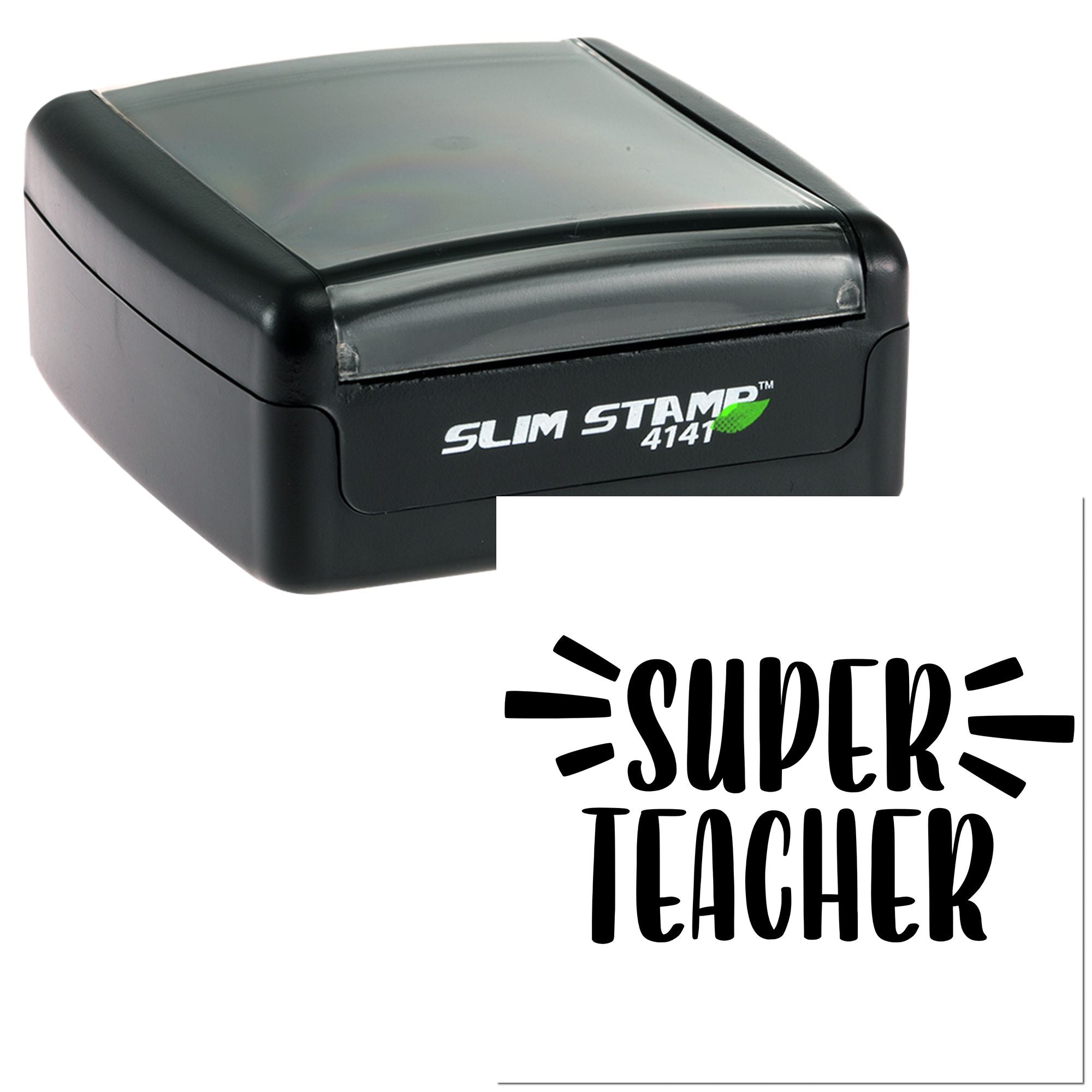 Super Teacher self-inking rubber stamp for classroom rewards, teacher appreciation, and custom stamping.