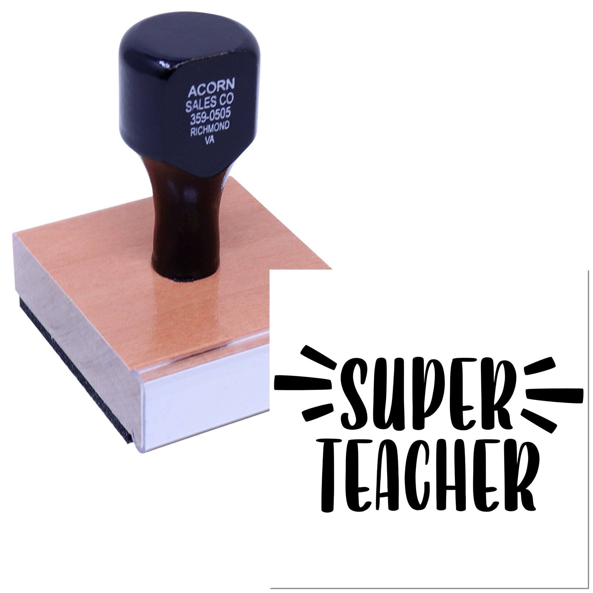Super Teacher rubber stamp on ink pad for classroom grading, rewards, and teacher gift personalization.