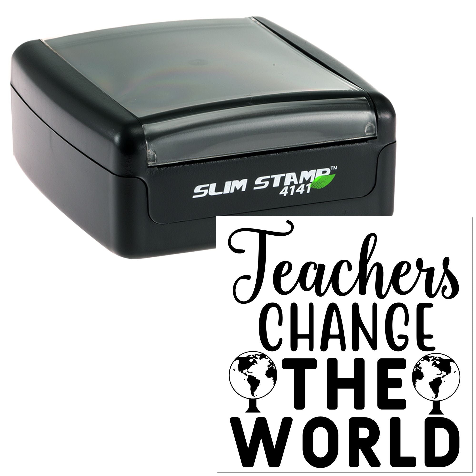 Self-inking teacher rubber stamp with Teachers Change the World design for classroom grading, crafts, and school supplies.